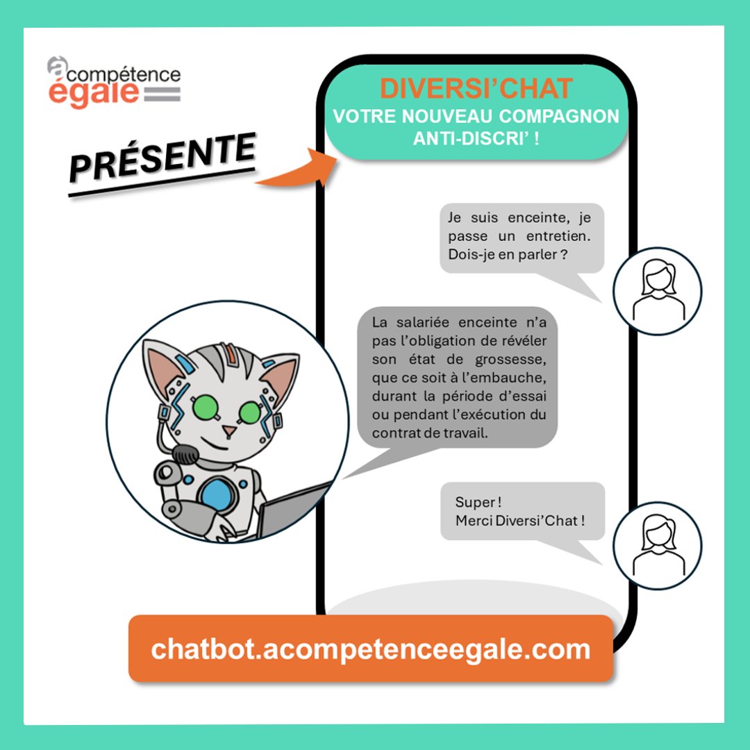 🔔 DECOUVREZ DIVERSICHAT 🤖, VOTRE NOUVEAU COMPAGNON ANTI DISCRI’ !
Ce chatbot accessible depuis notre site web vous guidera sans encombre dans vos interrogations sur toutes les questions liées à la #discrimination dans l’#emploi. 
👉 RDV vite sur chatbot.acompetenceegale.com !