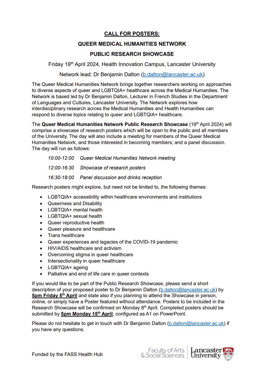 🚨DEADLINE FOR POSTER PROPOSALS: Friday 5th April!🚨 The Queer Medical Humanities Network Public Research Showcase brings together wide-ranging and interdisciplinary research across the Medical and Heath Humanities relating to queer and LGBTQIA+ healthcare - details below! 🏳️‍🌈🩺