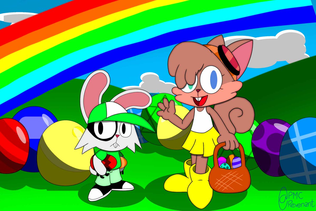 Happy (late) Easter Day🐰🥚🧺🌈

ft: Melinda and Celson

#OC #artwork #cat #squirrel #bunny #mole #hybrid #happyeaster2024 #rainbow