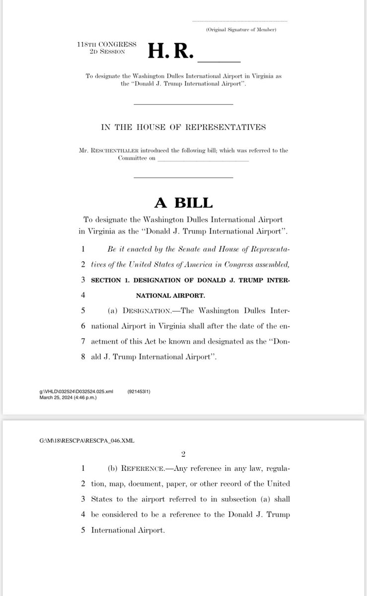 Scoop: A group of House Republicans are pushing to have Washington Dulles, DC’s main international airport, renamed — after Donald Trump The bill’s being led by House GOP chief deputy whip Guy Reschenthaler & is co-sponsored by 6 other lawmakers