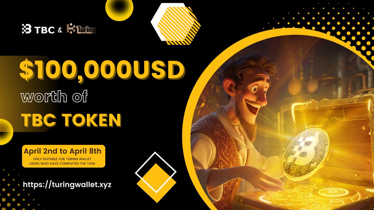 Turingbitchain (@turingbitchain_) on Twitter photo 📢 Exciting news!
🎁 $100,000 USD worth of TBC tokens up for grabs!
📅 April 2nd - April 8th, exclusively for Turing Wallet users
✅ Follow <a href="/TuringBitchain_/">Turingbitchain</a>
✅ like & retweet this post
✅ create wallets at turingwallet.xyz
✅ leave your addresses in the comment 📢 Exciting news!
🎁 $100,000 USD worth of TBC tokens up for grabs!
📅 April 2nd - April 8th, exclusively for Turing Wallet users
✅ Follow <a href="/TuringBitchain_/">Turingbitchain</a>
✅ like & retweet this post
✅ create wallets at turingwallet.xyz
✅ leave your addresses in the comment