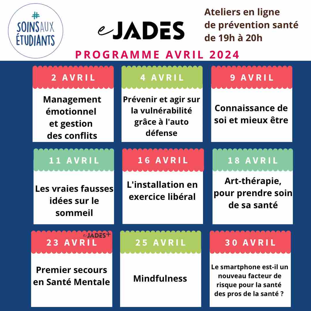 🌱 Ressourcez-vous et prenez soin de vous avec les ateliers en ligne de prévention santé, les #eJADES ✅ Rendez-vous tous les mardis et jeudis de 19h à 20h ➡️ Découvrez le programme d’avril 👉 asso-sps.fr/prevention/ate… #soignants #etudiants #preventionsante #hcsmeufr