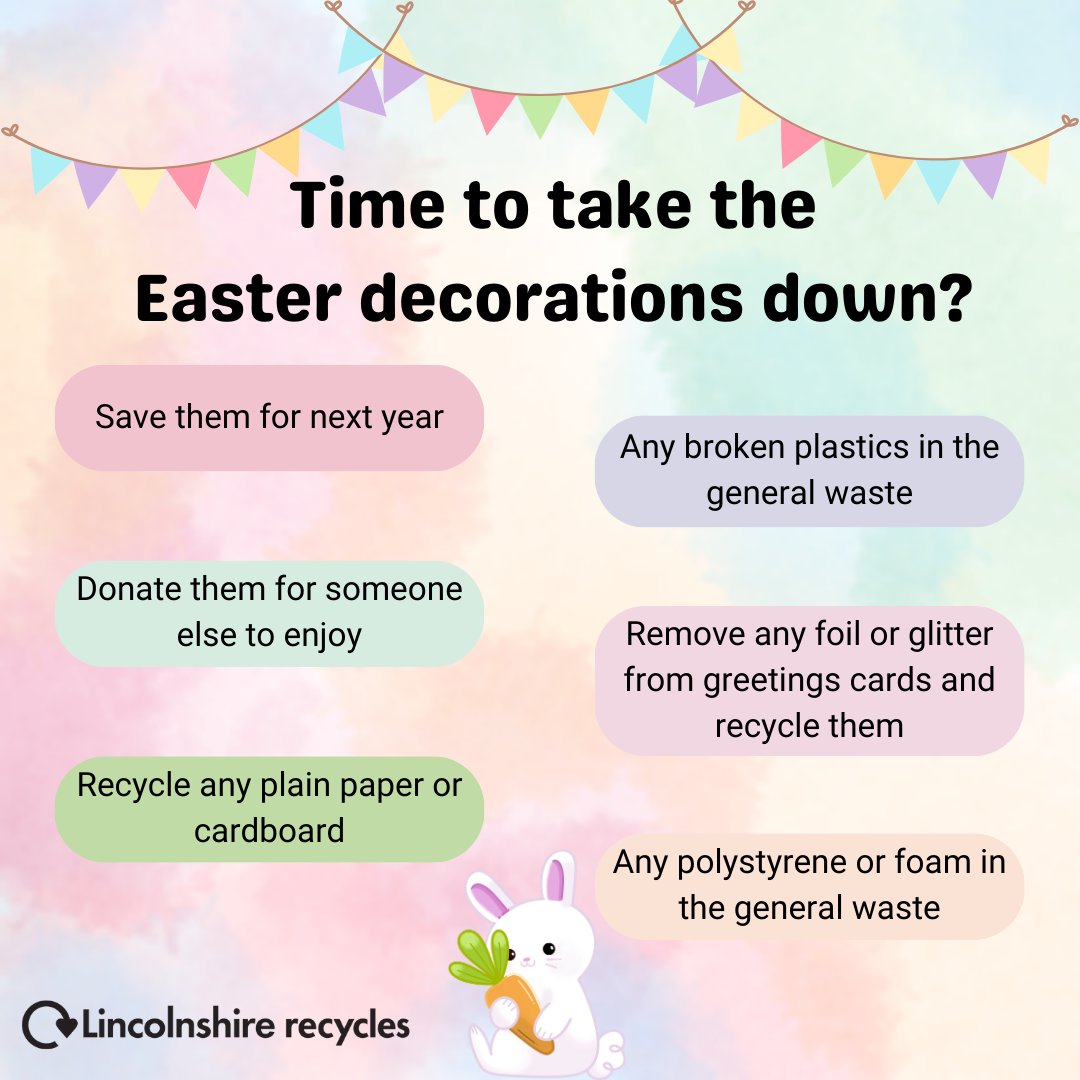 Taking down the Easter decorations❓ 🐰 Remember to reuse next year or donate, if you can! ♻️💚 If they’re broken – recycle any plain paper or cardboard and everything else into your general waste. 🗑️ #EasterWaste #RightThingRightBin #LincolnshireRecycles