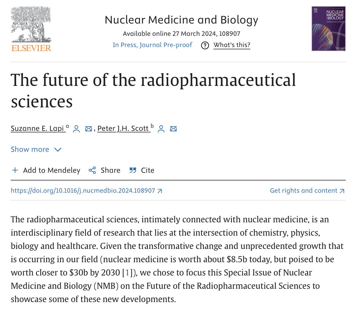 ScottLab (@scott_labum) on Twitter photo 1/2 I had a blast editing a Special Issue of @nucmedbio on the Future of the Radiopharmaceutical Sciences with <a href="/LapiSuzanne/">Suzanne Lapi</a>. As the issue wraps up, our Editorial highlighting the exciting submissions showcasing the future of our field is out now: sciencedirect.com/science/articl… 1/2 I had a blast editing a Special Issue of @nucmedbio on the Future of the Radiopharmaceutical Sciences with <a href="/LapiSuzanne/">Suzanne Lapi</a>. As the issue wraps up, our Editorial highlighting the exciting submissions showcasing the future of our field is out now: sciencedirect.com/science/articl…