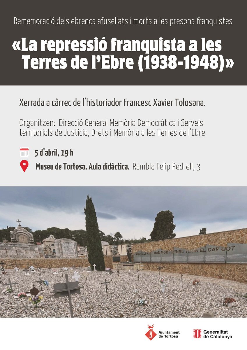 Divendres 5 d’abril (19:00 h) l’historiador Xavier Tolosana impartirà la xerrada “La repressió franquista a les Terres de l’Ebre (1938-1948)” a l’Aula didàctica d'@MuseudeTortosa per reparar i homenatjar les víctimes ebrenques de la repressió i dels Consells de Guerra franquistes