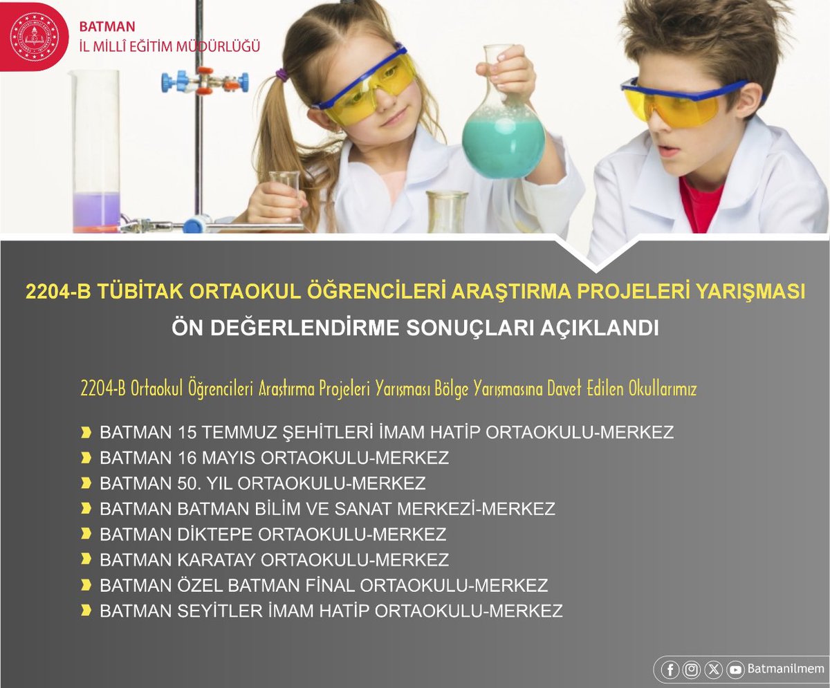 TÜBİTAK 2204-B Ortaokul Öğrencileri Araştırma Projeleri Yarışmasında Van Bölge Finaline seçilen proje sahibi öğretmen ve öğrencilerimizi tebrik eder başarılarının devamını dileriz I. <a href="/BatmanilMEM/">Batman İl Millî Eğitim Müdürlüğü</a> <a href="/TubitakBIDEB/">TÜBİTAK BİDEB</a>