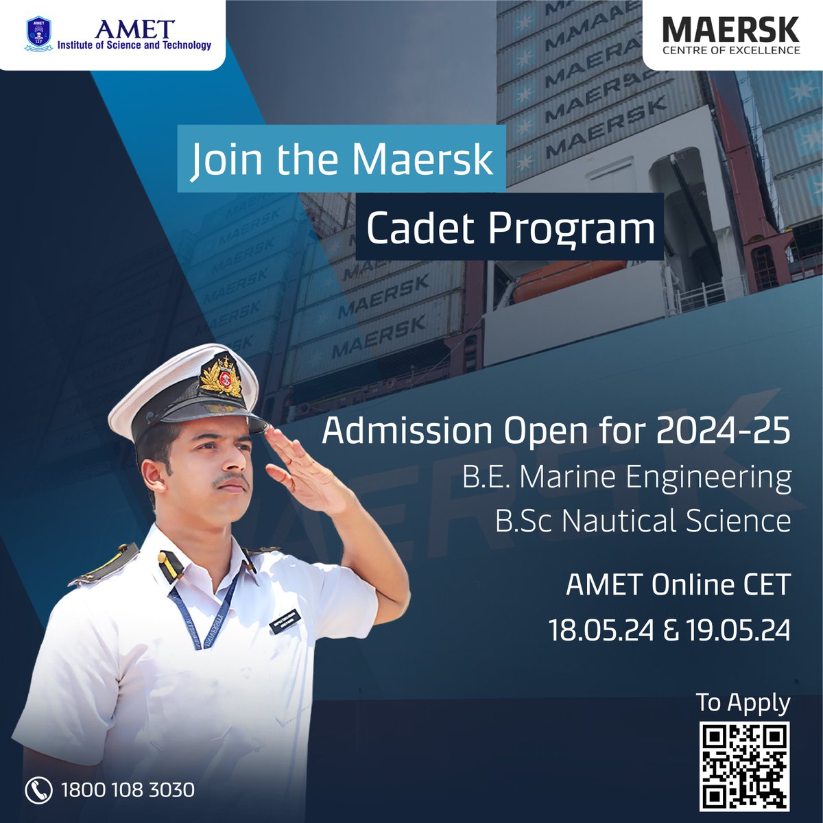 Enquire about Maersk's Cadetship Program and Begin your Journey to a Promising Future in the Merchant Navy!

#maerskCadetship #nauticalscience  #maritimeEducation #futureleaders #AMET #AMETIST #AMETMCE #MAERSK

Link To Apply: amet-ist.in/amet-mce/