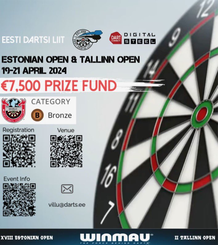 In just over two weeks, the WDF tour returns to Estonia for two Bronze-ranked events. With two weeks to go until entries close, Alexander Merkx, John Scott and Jimmy van Schie are among the standouts set to compete in Tallinn. Register today 👇 darts.ee/?pid=13&art_id…