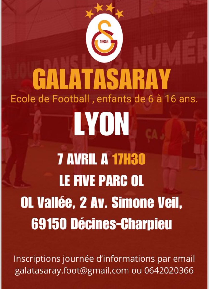 Galatasaray Lyon futbol okulu. 6-16 yaş aras çocuklarımız için 7 Nisan saat 17:30’da. 
Paylaşalım 💛♥️