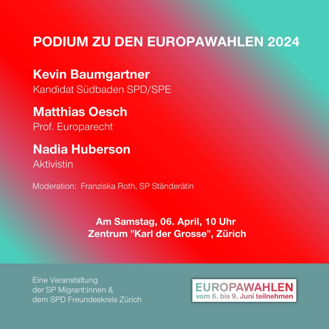 Die @SpMigrantInnen und die @spdzuerich organisieren in Zürich ein Podium um über die politischen Schwerpunkte für die #EUWahlen2024 zu diskutieren. 🗳️🇪🇺 Ziel ist es, mit dem gemeinsamen #Wahlaufruf möglichst viele europäische Stimmbürger:innen in der🇨🇭 zu erreichen.