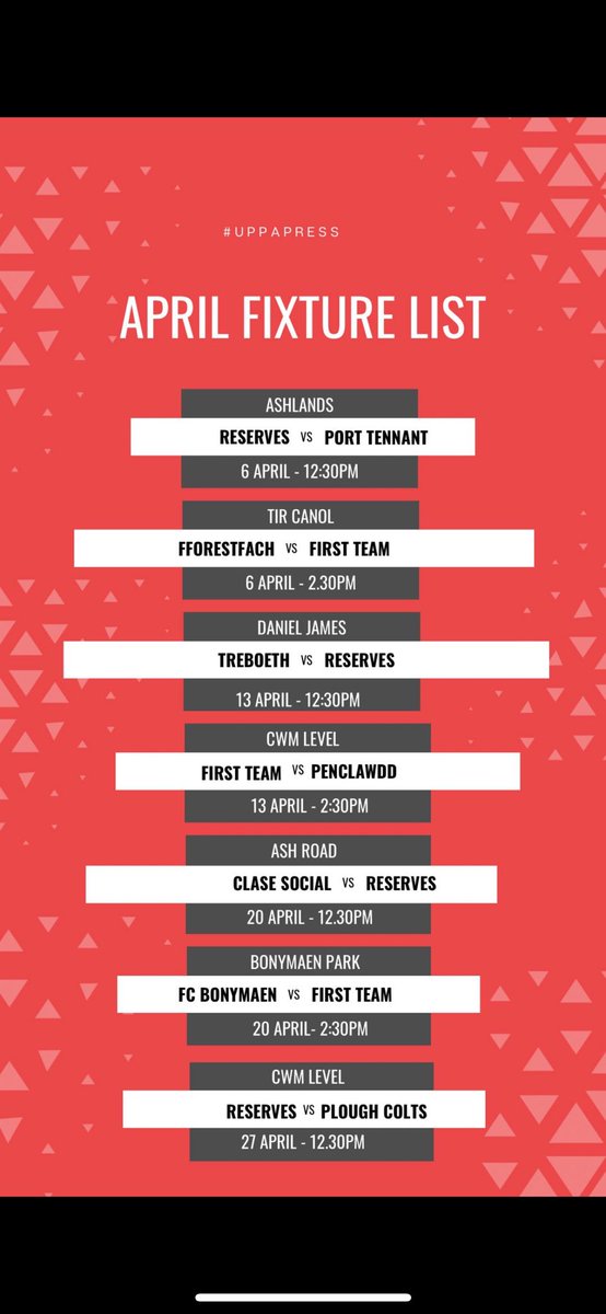 Our fixtures for April are packed make sure you get down and support us ! UPPA PRESS🖤🤍