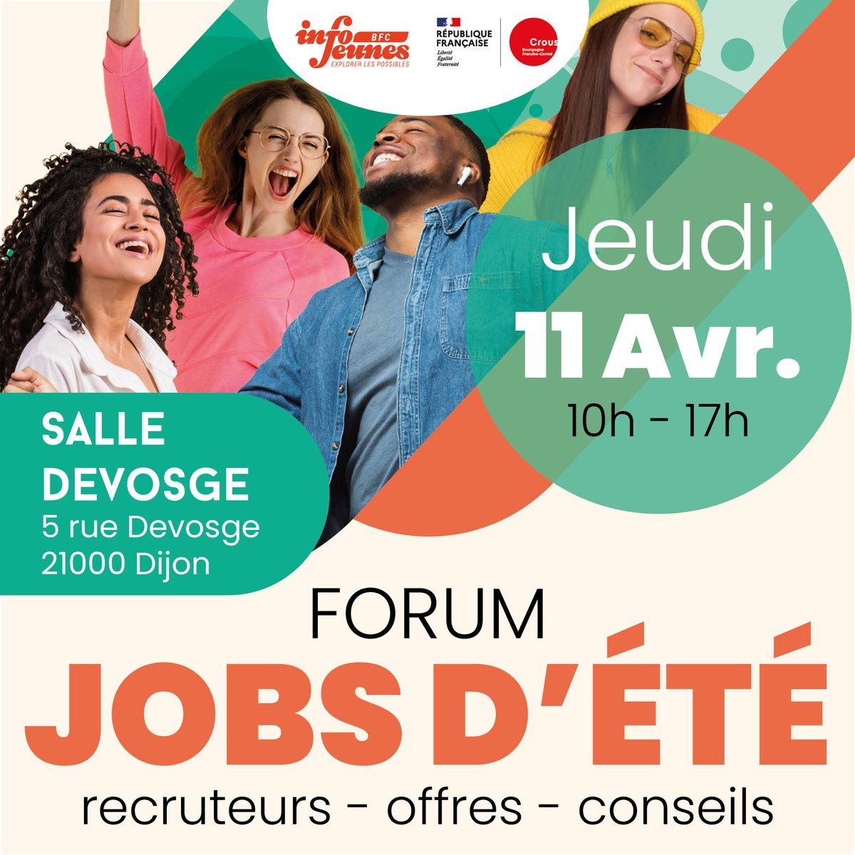 📣 Étudiants de #Dijon, cherchez-vous un job d'été ? Participez au 'Forum Jobs d'été' du Crous & @infojeunesbfc le 11 avril, salle Devosge ! + de 30 recruteurs présents : restau, asso, BTP, grande distrib' etc. Apportez CV et lettres de motivation Info : bit.ly/3U1cv0E