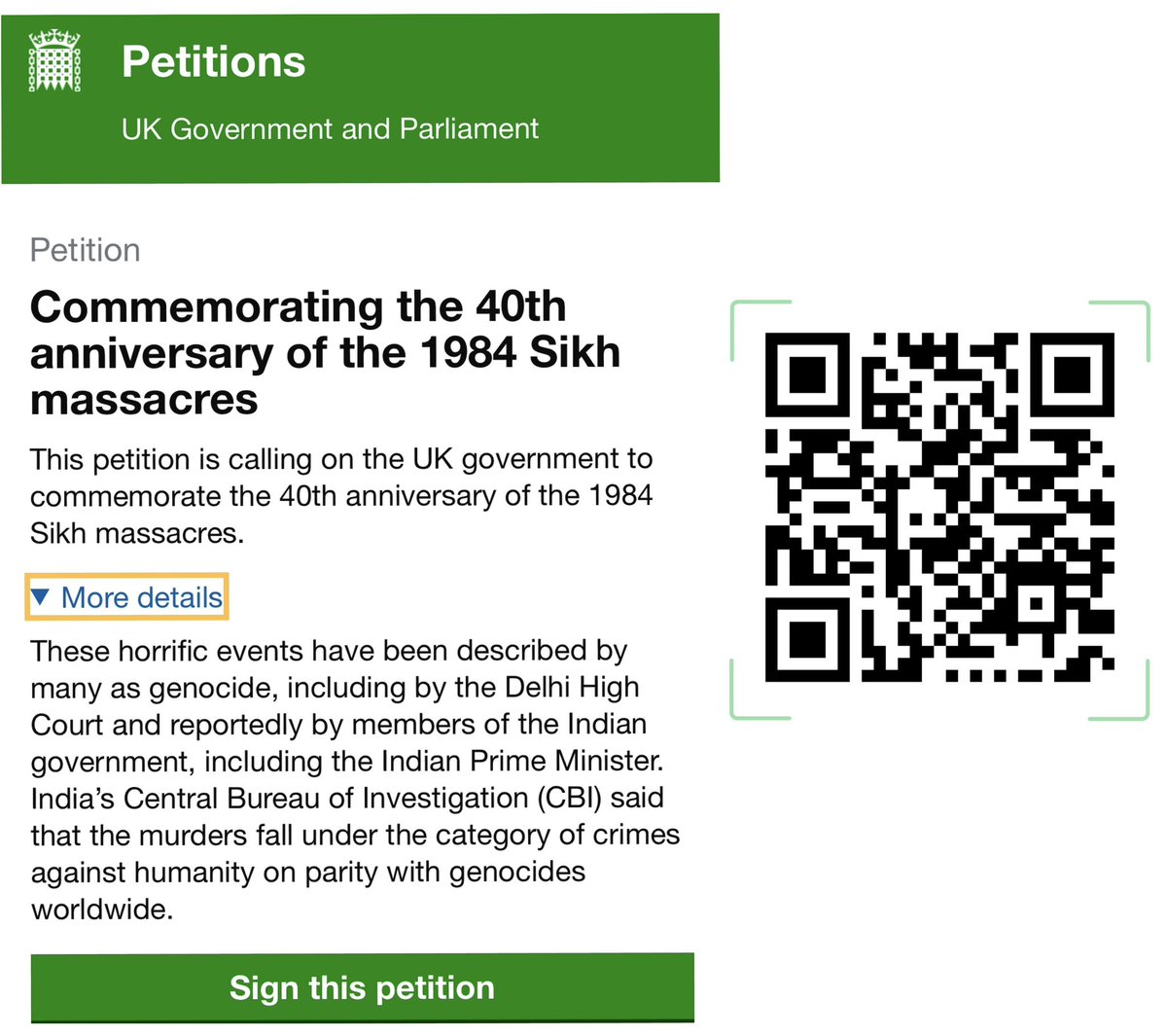 IMPORTANT PETITION TO UK PARLIAMENT 🔗 petition.parliament.uk/petitions/6582… or Scan QR code. Target 10,000 signatures in will force UK Government to respond. However, overall target 100,000 signatures so that debate can be pushed on the 1984 Sikh Genocide in the House of Commons.