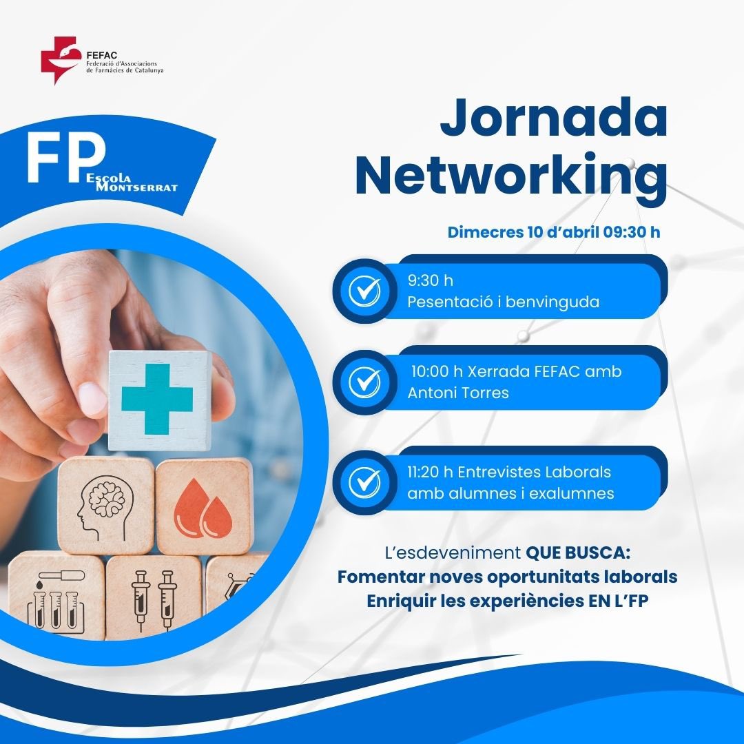 Jornada de Networking amb el CFGM de Farmàcia, buscant fomentar noves oportunitats laborals i enriquir les experiències a l'FP:
👉 Crear aliances
👉 Establir ponts entre Estudiants i Oportunitats Laborals
👉 Reflexionar sobre Experiències de Pràctiques FCT i DUAL

#fp #salut