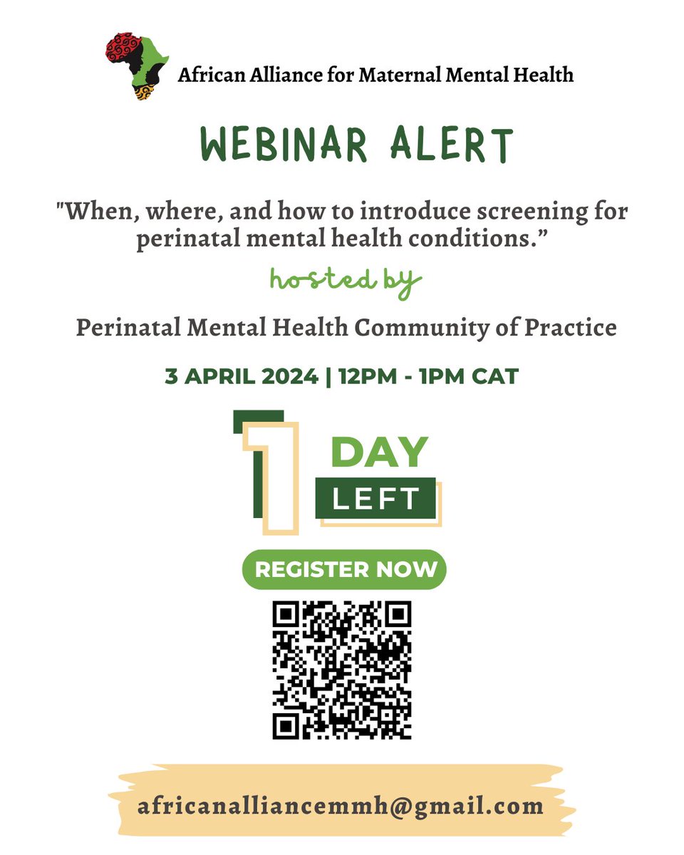 Screening, or early detection, for #maternalmentalhealth problems improves outcomes for mothers. However, routine screening is not a common practice in Africa. Join our #webinar tomorrow to learn how to introduce screening and protect African mothers. 🔗us06web.zoom.us/webinar/regist…