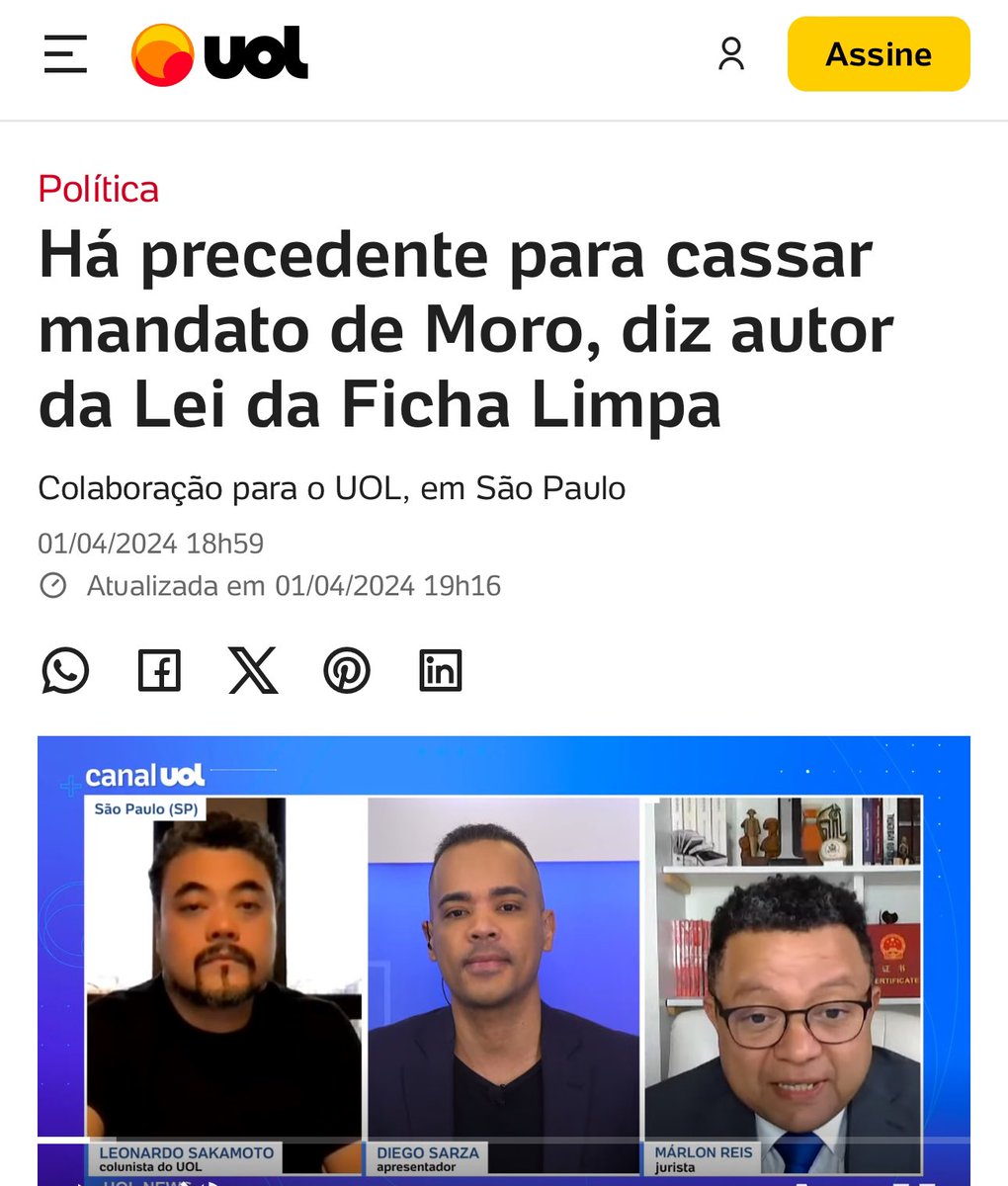 marlonreis's tweet image. Apresentei ao @UOLNoticias minhas reflexões sobre a possível cassação de Sérgio Moro. 
noticias.uol.com.br/politica/ultim…