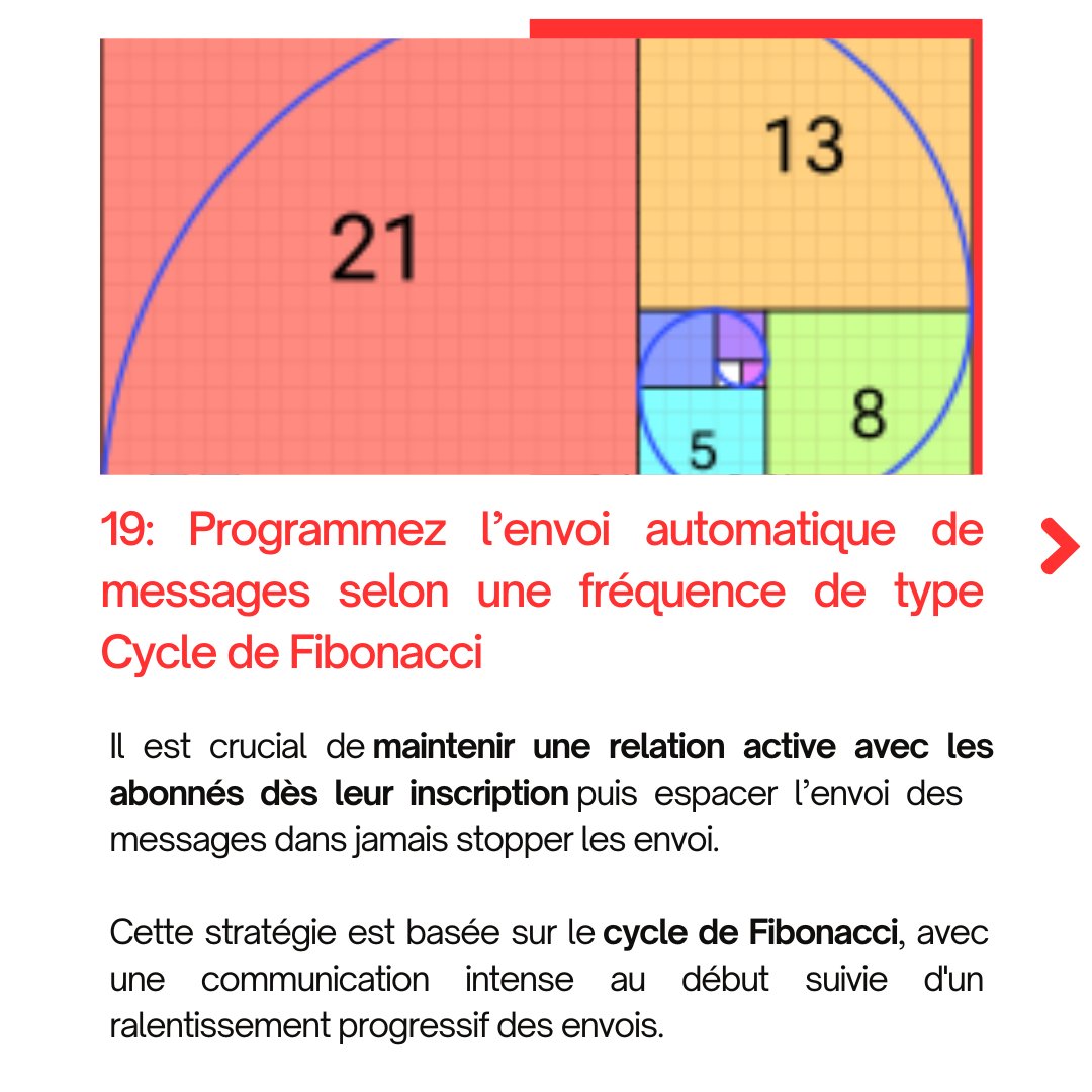 conseilsmkg's tweet photo. Astuce Emailing N°19 - Programmez l’envoi automatique de messages selon une fréquence de type Cycle de Fibonacci

Consultez le dossier complet sur https://t.co/9lbHHepzXW

#emailings https://t.co/LHor7bQcMn