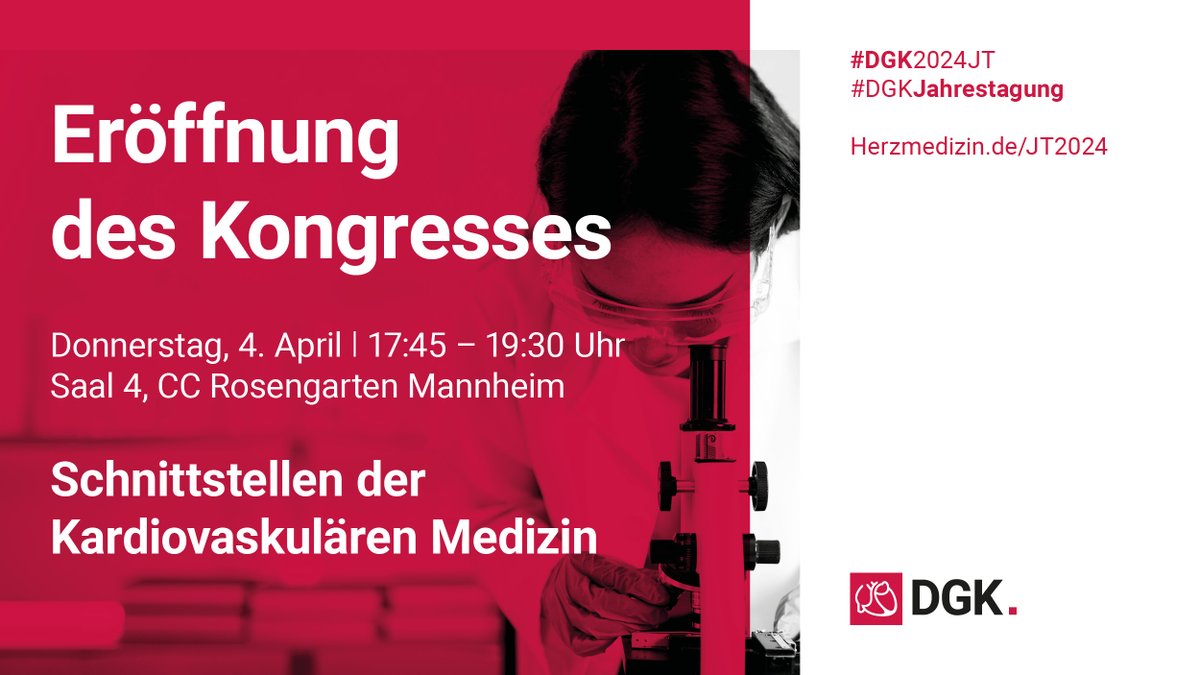 Nicht verpassen! Heute um 17:45 Uhr findet die Eröffnung der 90. #DGKJahrestagung (inkl. Preisverleihung) statt. Motto: 'Schnittstellen der Kardiovaskulären Medizin'. #DGK #DGK2024JT #Kardiologie #KardiovaskuläreMedizin #Herzgesundheit #Herzaufklärung