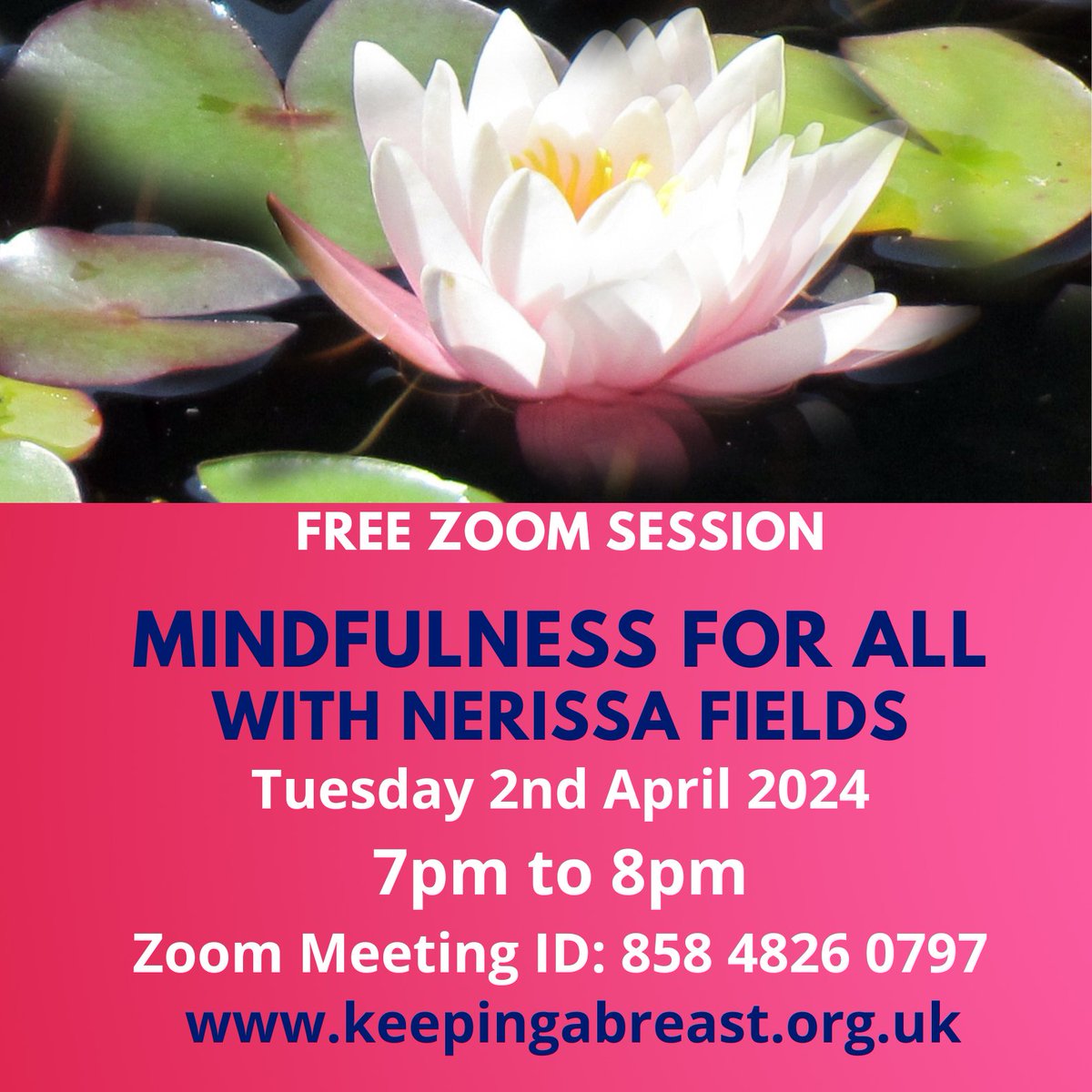 Feeling anxious or stressed? Join us for the free Mindfulness For All session on Zoom this evening Tuesday 2nd April open to everyone connected with Keeping Abreast in any way. From 7pm to 8pm Zoom Meeting Code 858 4826 0797. All welcome! #mindfulness #breastreconstructionsupport