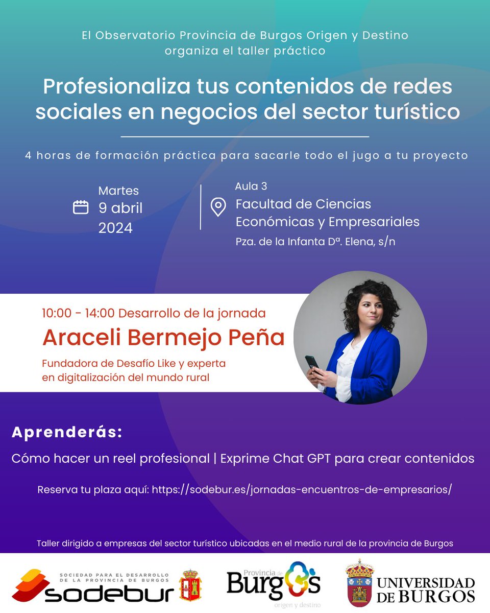 🏡 Hoy último día para apuntarte al taller para profesionalizar tus contenidos de #redessociales 

👉 Dirigido a profesionales del #sectorturístico

  🗓️ Martes 9 de abril de 10:00 a 14:00 en <a href="/UBUEstudiantes/">Universidad Burgos</a>

👩‍🏫 Impartido por <a href="/DesafioLike/">Desafío Like - Marketing Rural</a>

✍️Inscripciones: sodebur.es/jornadas-encue…