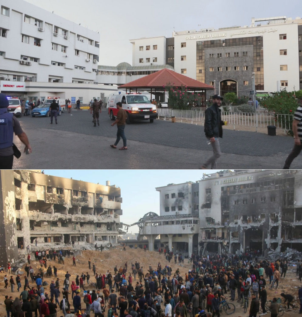 Gaza's largest medical complex, al-Shifa, before and after Israel's massacre.