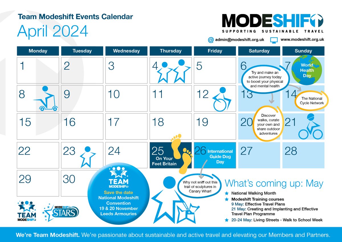 Spring into April with our Team Modeshift events calendar 🙌 Download your copy NOW and let the active travel adventures begin 🔗👇ow.ly/o6nP50R6opI Remember to share your campaigns with us, we ❤️ to hear from you. #TeamModeshift