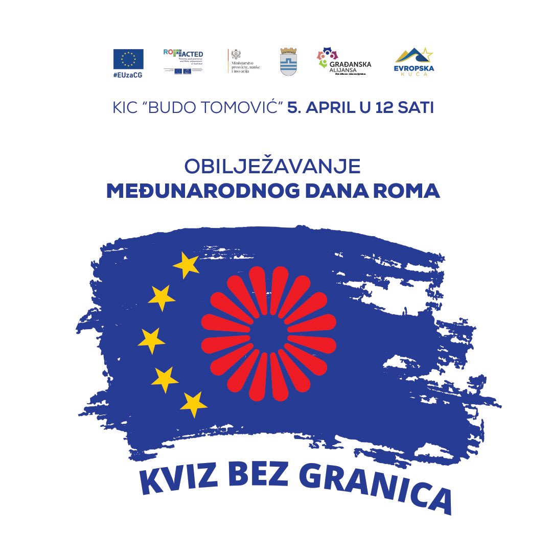 Kviz bez granica, jer znanje je univerzum! 📚

Uoči Međunarodnog dana Roma, spajamo 🖇️ znanje i kulturu kako bismo proslavili raznolikost i bogatstvo naslijeđa. 

Pridružite nam se u KIC “Budo Tomović” 📆 5. aprila u 12h ⏰

Igramo se! 👾

#InternationalRomaDay #ROMACTED #EUzaCG