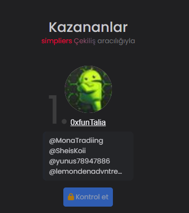 Çekiliş sonucu👇

 <a href="/0xfunTalia/">funtalia</a> DM'den yazabilirsiniz. Tebrikler. 🌼