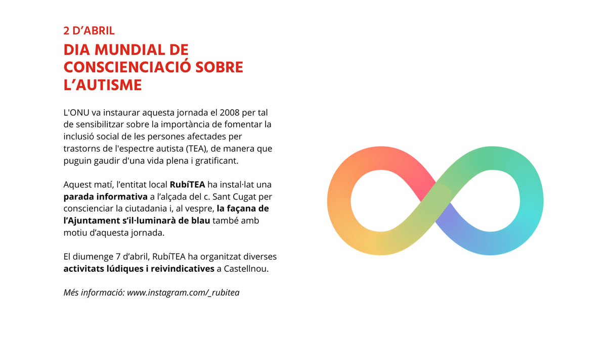 💙 El 2 d'abril es commemora el Dia Mundial de Conscienciació sobre l'Autisme.

🗓️ Amb motiu d'aquesta jornada, l'entitat <a href="/tea_rubi/">RubíTEA</a> ha organitzat diverses activitats i la façana de l'Ajuntament s'il·luminarà de blau.

➡️ instagram.com/_rubitea

#rubicity