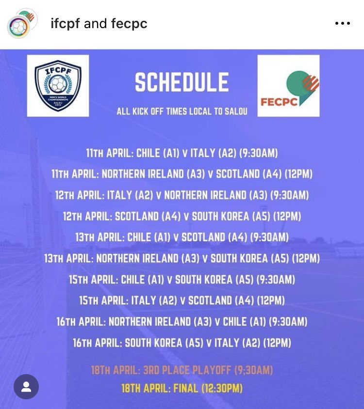 Schedule for the upcoming World Championships. One which I filled in as the teams were drawn & The IFCPF’s, just posted. All matches are available to view on YouTube with commentary in English 💙⚽️🏴󠁧󠁢󠁳󠁣󠁴󠁿 @SDS_sport @CPfootball_SCO @TalkToThompsons @paisleyphysio