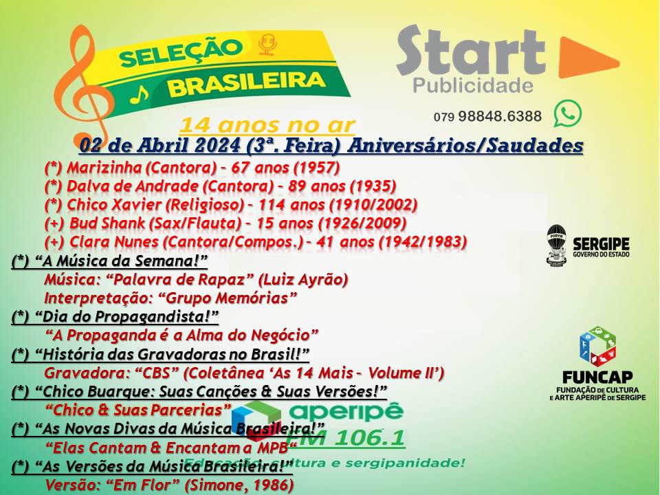 Marioflu1952's tweet image. PGM Seleção Brasileira
Dia: 02 de Abril/3ª Feira
Às Nove da Manhã
Com Mário Sérgio
Instagram: @felixmariosergio
O Programa está maravilhoso...
"AperipêFM... 106.1 - A Rádio Que Toca Sergipe!"
aperipe.com.br/ao-vivo/fm
Pelo Aplicativo #RadiosNet
Pelo site radios.com.br/play/9583