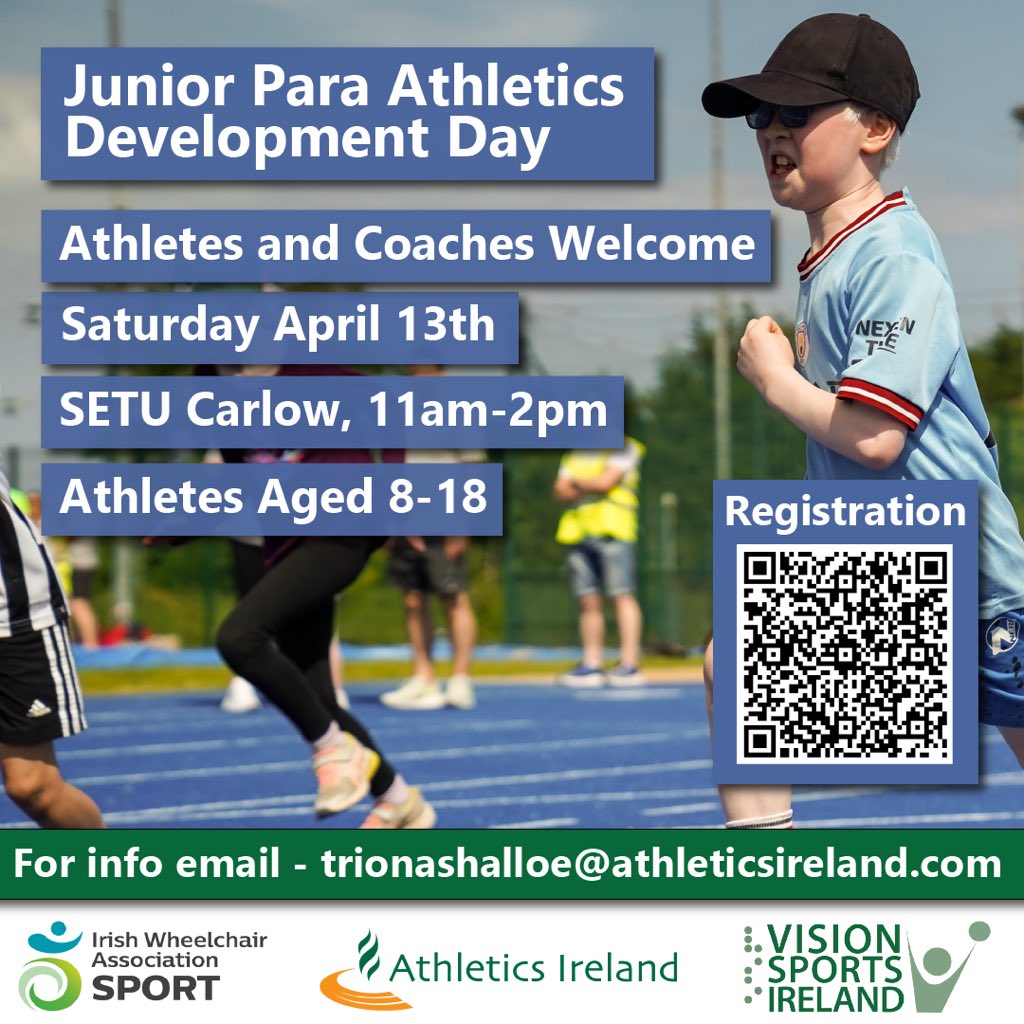 🏃‍♂️Junior Para Athletics Development Day April 13th 🏃 We are inviting all young athletes with a physical disability or vision impairment, and interested coaches, to join us at @SETUCarlowSport. Open to participants aged from 8-18 years in addition to any club coaches.