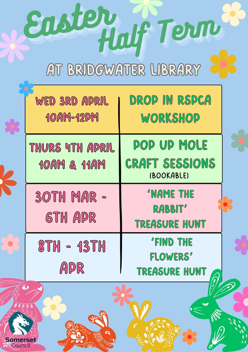 Free children’s Easter activities at Bridgwater Library include treasure hunts, crafts & colouring competition! All drop-in’s except Mole craft - please book by messaging Somerset Libraries Bridgwater on Facebook; emailing brwlib@somerset.gov.uk or book with staff in the Library