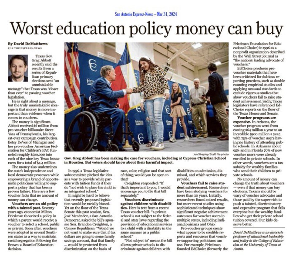 Do not Arizona our Texas! Say no to Vouchers! Say yes to Public Education that takes in all and serves all! The heartbeat &amp; backbone of communities far &amp; wide! Keep out of state dark $$$ &amp; elitists out of Public Ed! Keep politics out of education! Stand up for Texas!! Stand Up!