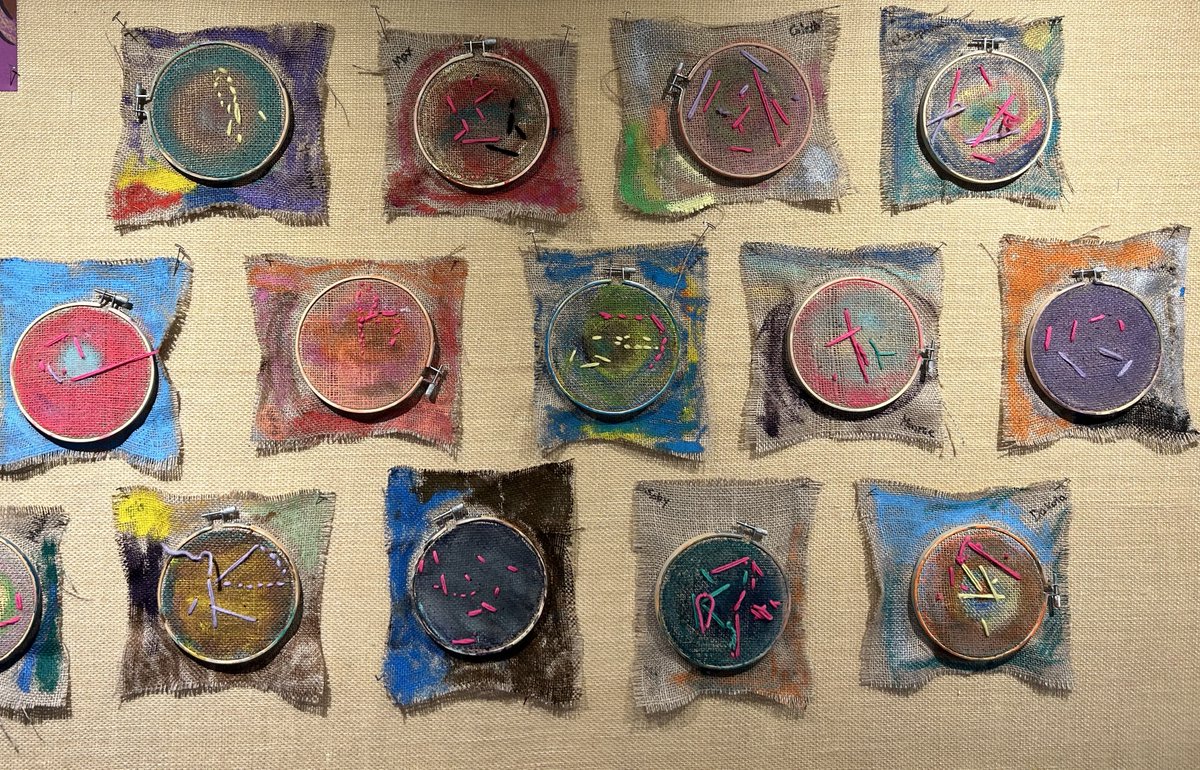 Four-year-old embroidery hoops inspired by artist Alma Thomas.