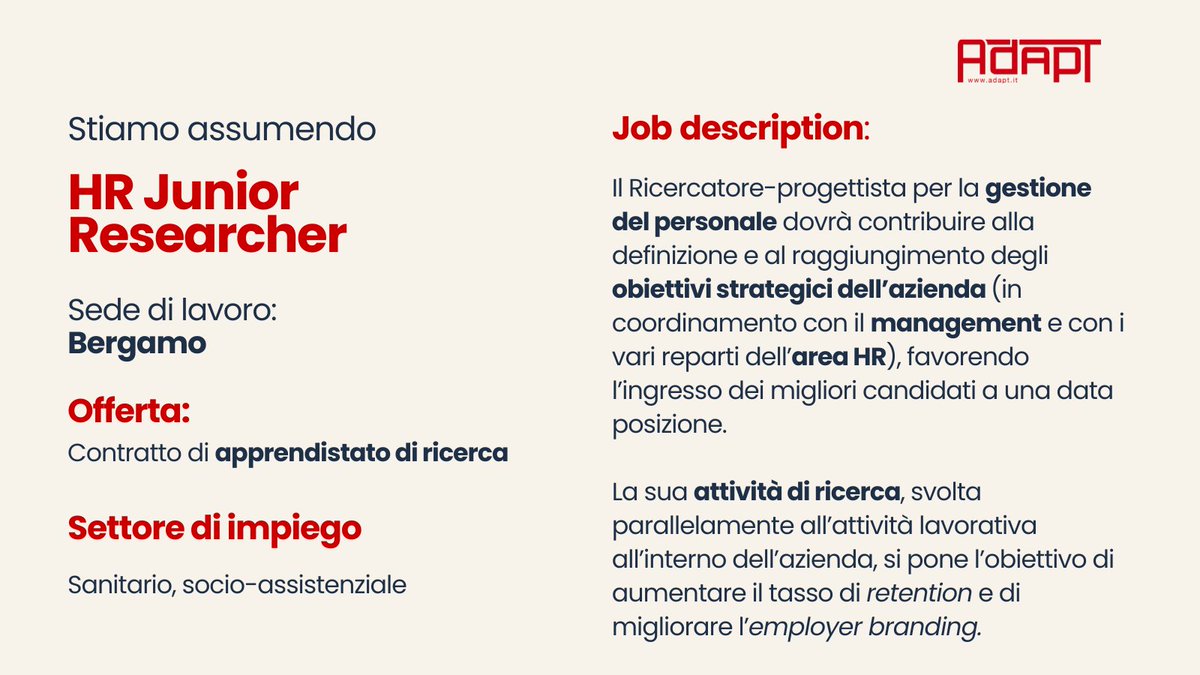 💡#JobOffer Sei appassionato/a di tematiche HR, diritto del lavoro, organizzazione aziendale? ➡ Con #azienda partner, proponiamo un percorso di #lavoro e #ricerca applicata con contratto di #apprendistato di ricerca. ➡️Candidati: linkedin.com/jobs/search/?c… @adaptland