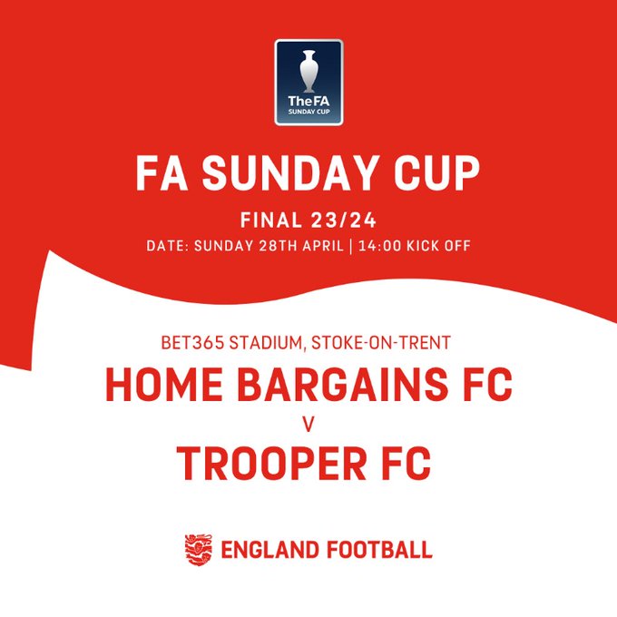 Congratulations 👏 to our friends Trooper FC @TrooperFC_ for getting into the Final of the Sunday FA Cup @FASunday_Cup against Home Bargains FC @HomeBargainFC to be played at Stoke City FC @stokecity on Sunday 28 April. So proud of you lads 😊