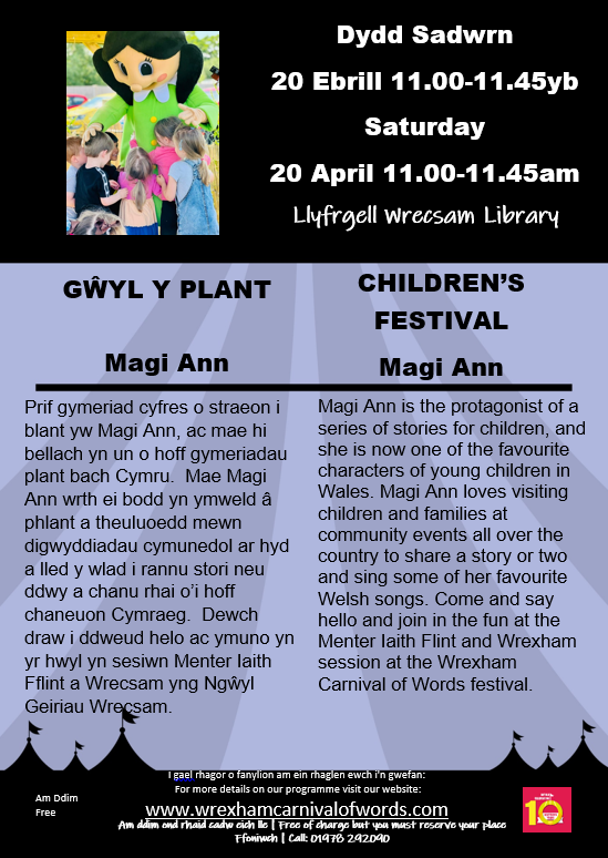 Mae @ApMagiAnn yn edrych 'mlaen i fod yn rhan o Ŵyl Eiriau Wrecsam eto eleni📗🧡 Dewch draw i ganu a wrando ar stori gyda ni🎶 We can't wait to be a part of Wrexham Carnival of Words again this year 📗🧡 Join and listen to Magi Ann 's stories and sing her favourite songs🎶