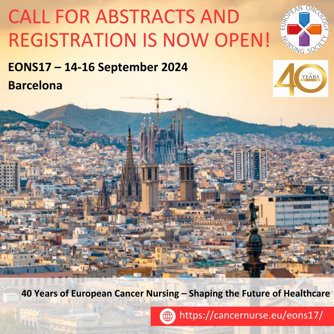 Ensure your abstract is submitted for the EONS17 conference by @cancernurseEU in Barcelona, Sept 14-16! Explore topics and tips at cancernurse.eu/eons17/. The submission deadline is May 7 so please submit at bitly.ws/3dRsm. Share your research with fellow cancer nurses!