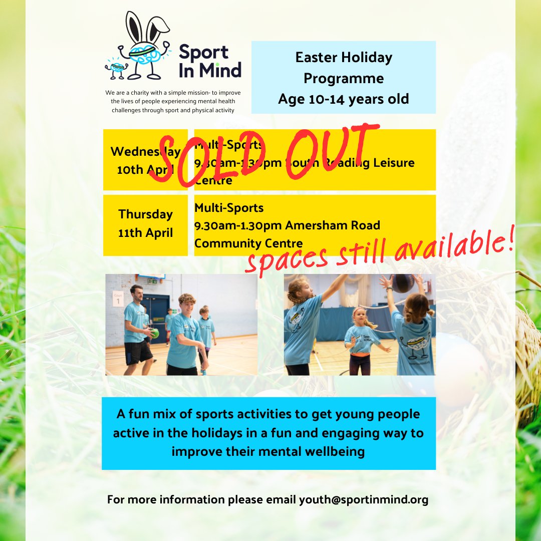 SPACES AVAILABLE! We still have places available for the second of our Easter Holiday activities, next Thursday 11th April, 9.30am-1.30pm at the Amersham Road Community Centre in Caversham. Email youth@sportinmind.org for info and to book. #MentalHealthMatters #Youth #Easter