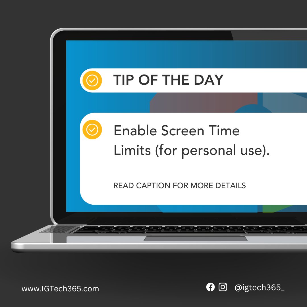 This #TechTipTuesday, take advantage of built-in screen time limits on your devices to manage your digital habits and boost your well-being.  👩‍💻

Contact IGTech365 for a free consultation.

 #DigitalWellness #ScreenTimeLimits #Productivity #Wellbeing  #ManagedIT  #ITSupport