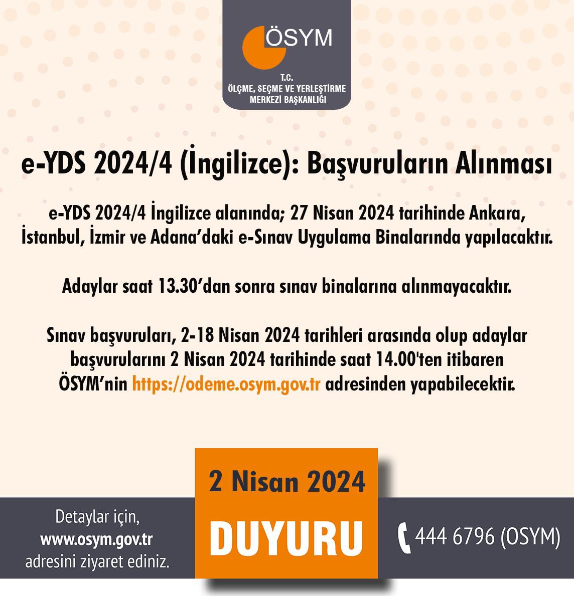 e-YDS 2024/4 (İngilizce): Başvuruların Alınması osym.gov.tr/TR,29298/e-yds…
