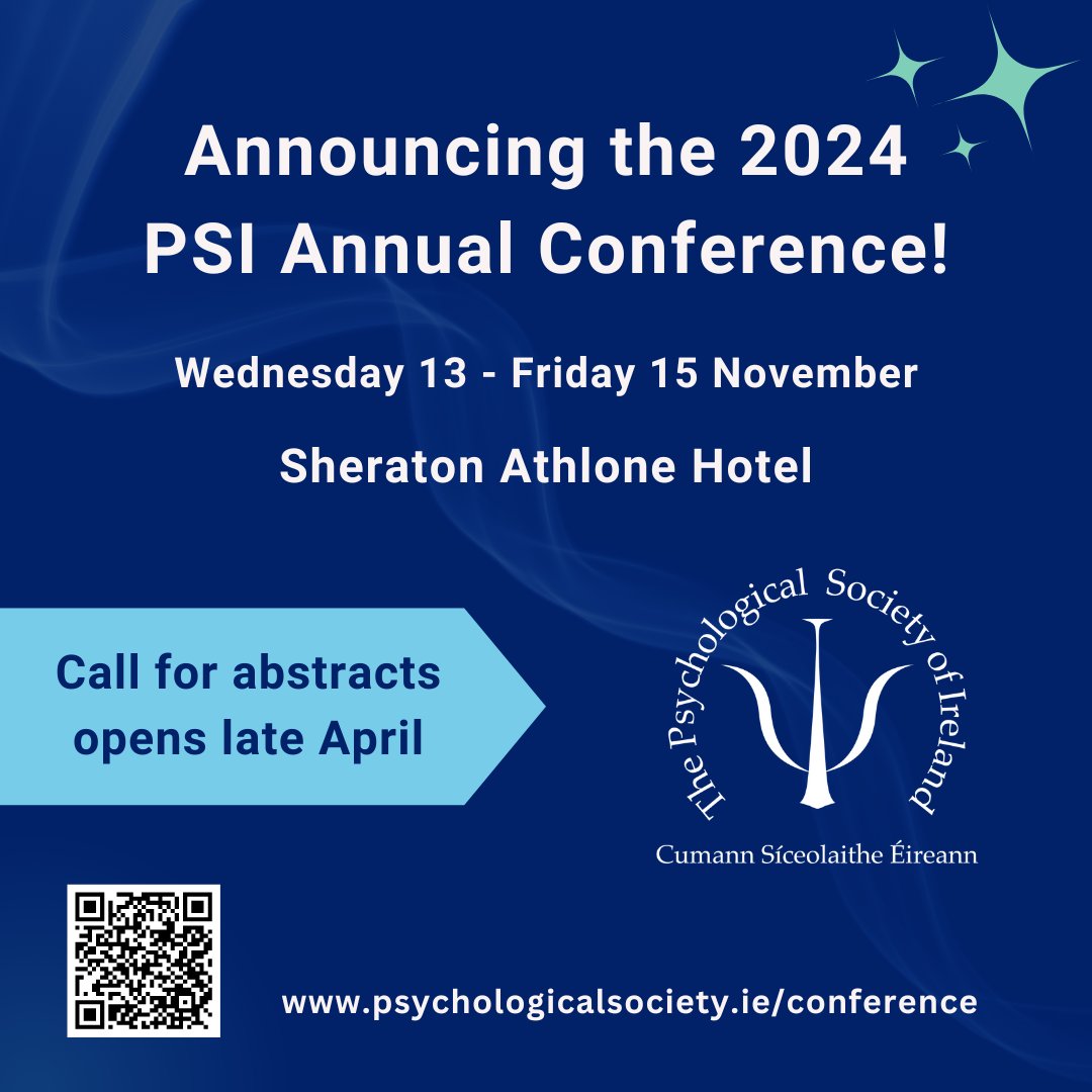 Announcing the 2024 PSI Annual Conference from Wednesday 13 to Friday 15 November @SheratonAthlone! For more info see bit.ly/PSIConf #PSIConf24 #psychology #MyPSI