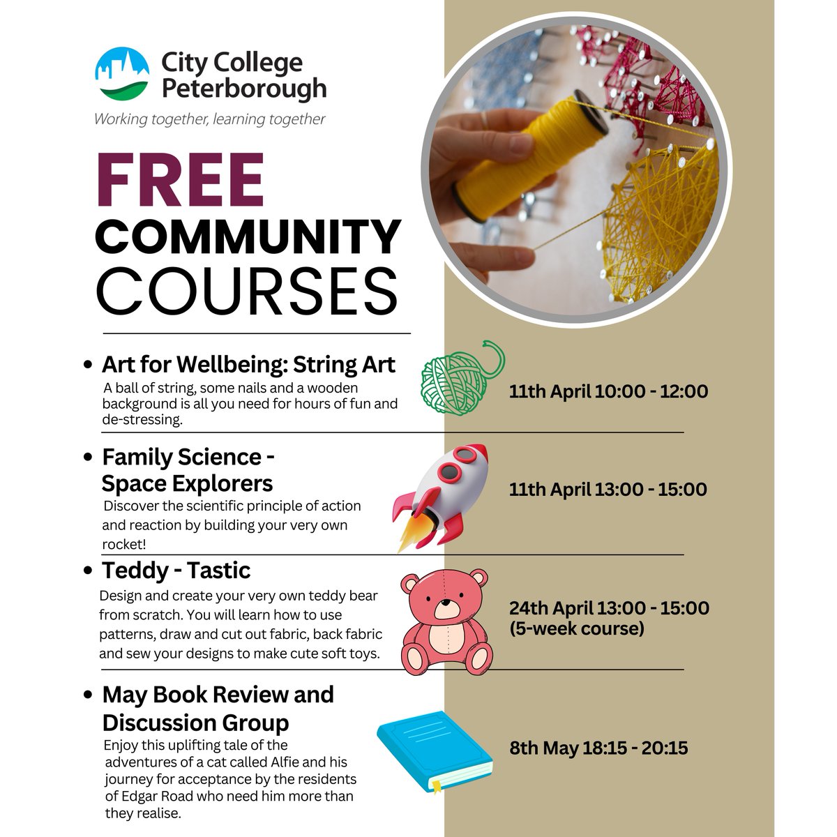 🧵 🧸Take a look at our upcoming FREE courses! From making your own teddy bear, to a string art workshop, to making your own cushion, we've got a range of FREE creative workshops for you and the family. Enrol today: ow.ly/i2Z550R6oQU #freecourses #familycourses #daysout