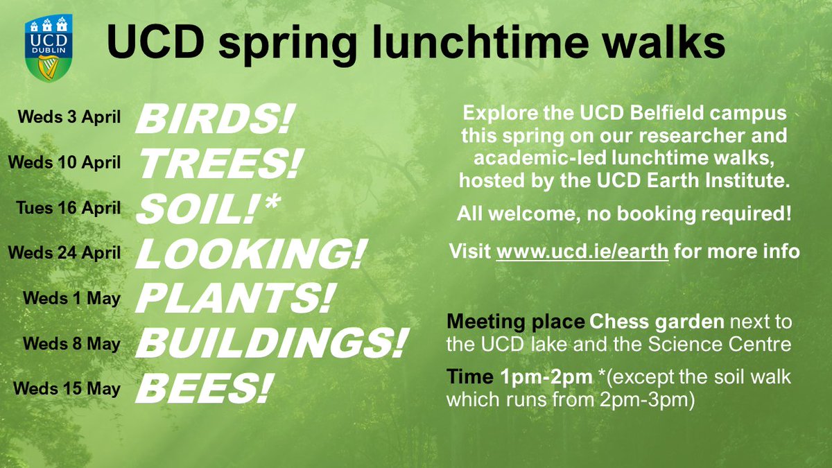 🌱 Step into sustainability this spring with our weekly lunchtime UCD Belfied campus walks led by researchers and academics. All welcome! 📍Chess garden next to UCD lake + Science Centre 📅 Wednesdays at 1-2pm (Except Soil walk on Tues 16 Apr 2-3pm) 👉 ucd.ie/earth/newseven…