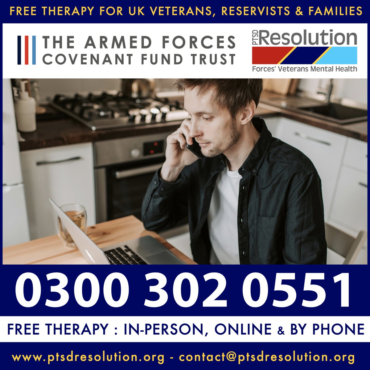 Our FREE therapy is available: 1️⃣ In-person (local to you) 2️⃣ Online 3️⃣ By phone - - What do we mean by online therapy? One-to-one therapy sessions via Skype or Zoom - in the comfort of your home. ➡️ Just call PTSD Resolution on 0300 302 0551 or email contact@ptsdresolution.org