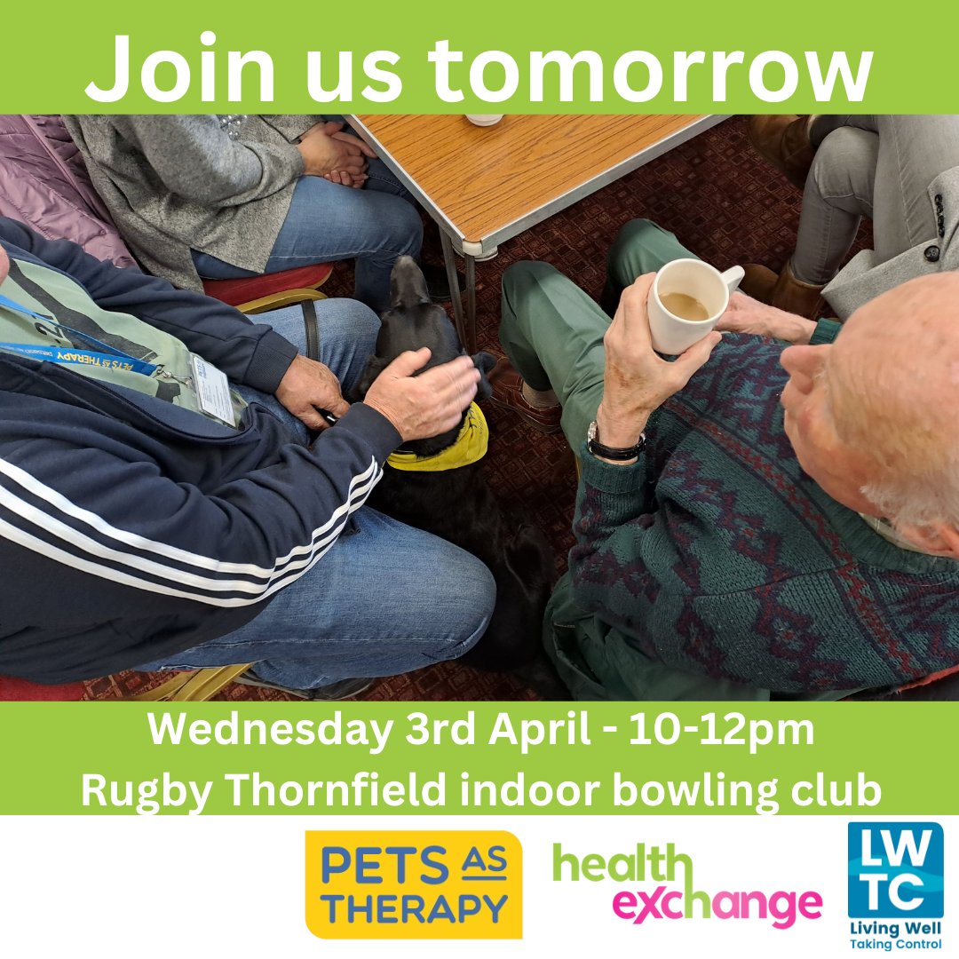 🐾 Don't miss our Pets as Therapy Event tomorrow! 🐾

📅 Date: Wednesday, April 3rd 2024 
🕥 Time: 10:30 AM - 12:00 PM 
📍 Location: Rugby Thornfield indoor bowling club ,Bruce Williams Way, Rugby, CV22 5LL (for satnav use CV22 5LJ).

@PetsAsTherapyUK #petsastherapy