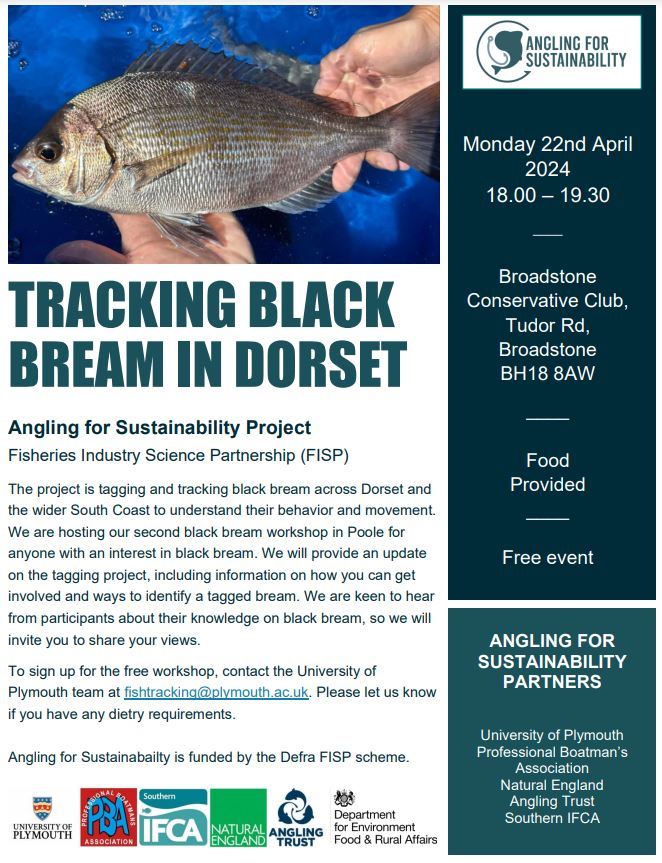 🎣 Calling all black bream enthusiasts 🎣 Our next black bream workshop is happening on 22nd April at 18:00 in #Poole. To sign up, please contact fishtracking@plymouth.ac.uk More information on Angling for Sustainability and the event can be found here anglingtrust.net/2024/03/22/bla…