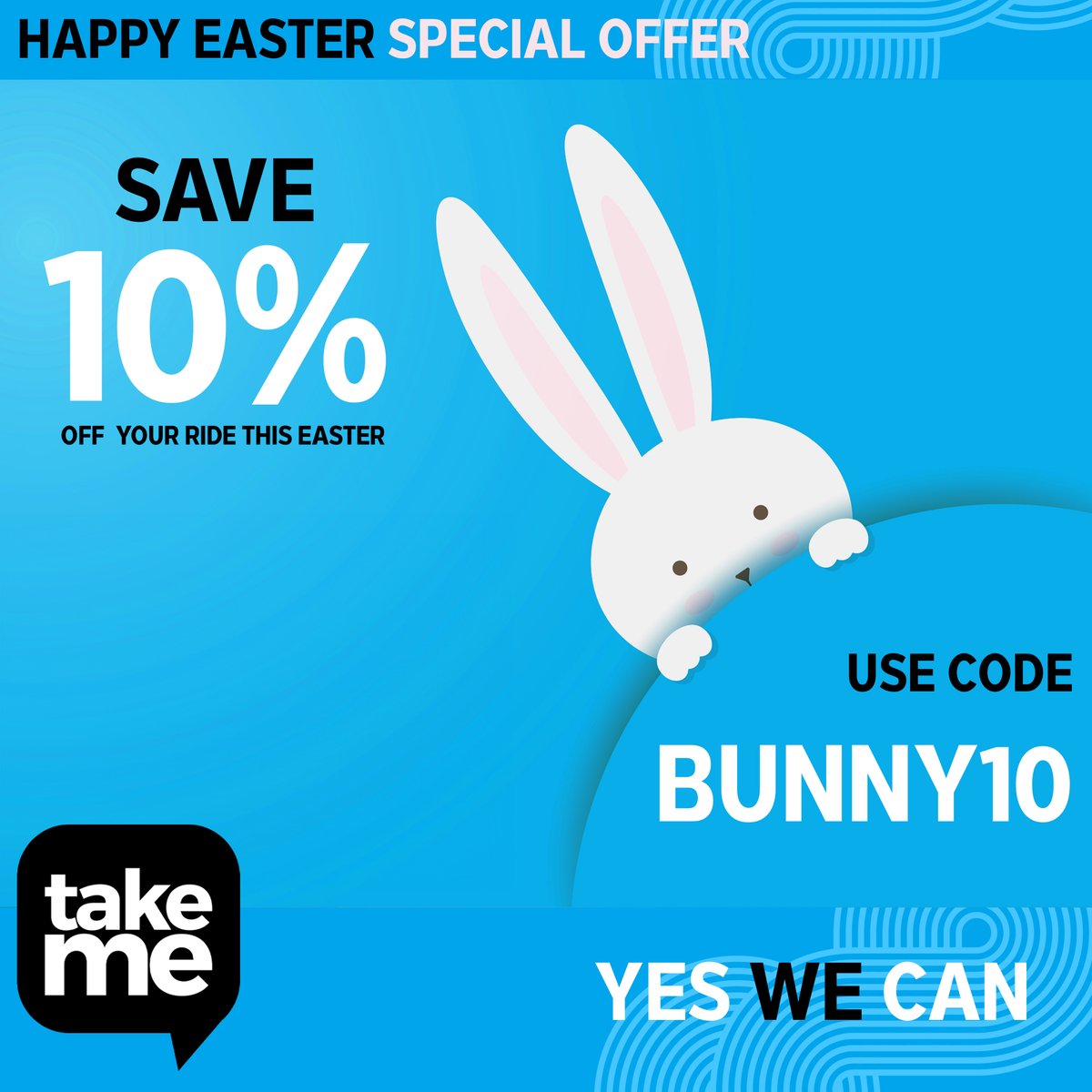 Be a Happy Bunny this Easter… 🐇 Save 10% OFF your next Take Me, use promo code BUNNY10 Download our app here : tkme.uk/apps Happy Easter from all of the Take Me Team! #TakeMe #Easter #Offer #discount