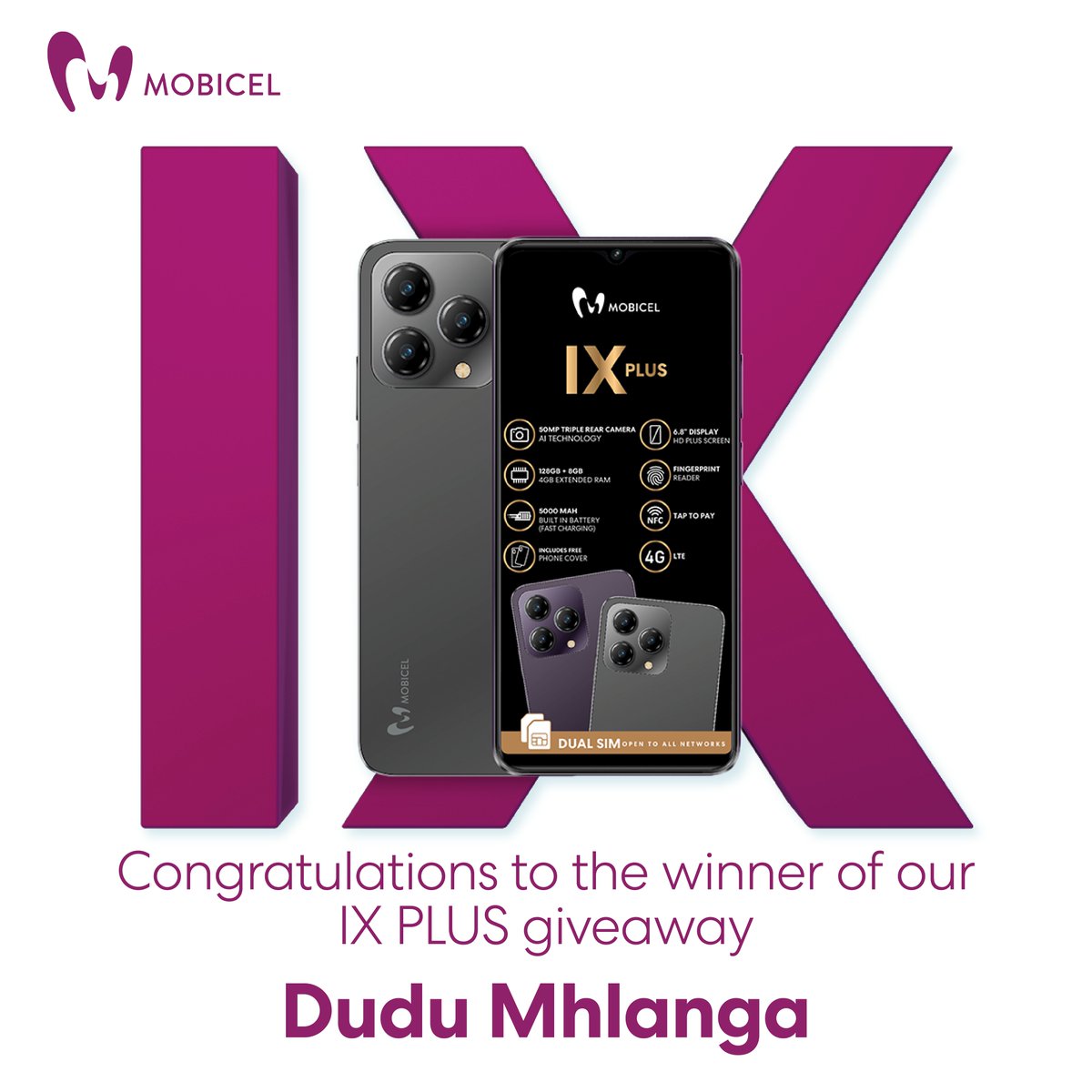 Congratulations to our lucky winner of the IX Plus giveaway! 📱🎉 A big thank you to everyone who participated. Stay tuned for more exciting competitions and chances to win with Mobicel! 🚀 #Mobicel #IXSeries